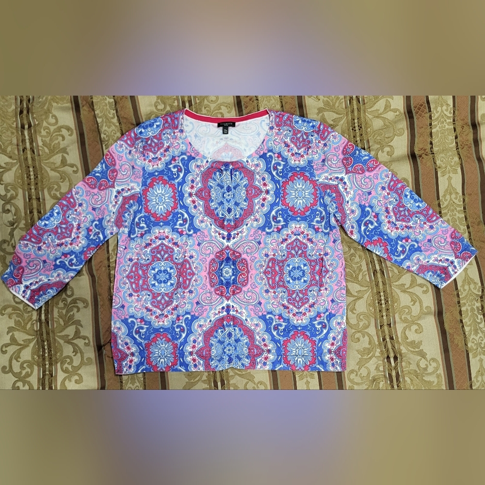 Talbots Petites Blue/Red/Pink Paisley Medallions 3/4 Sleeve Cardigan Sweater XLp